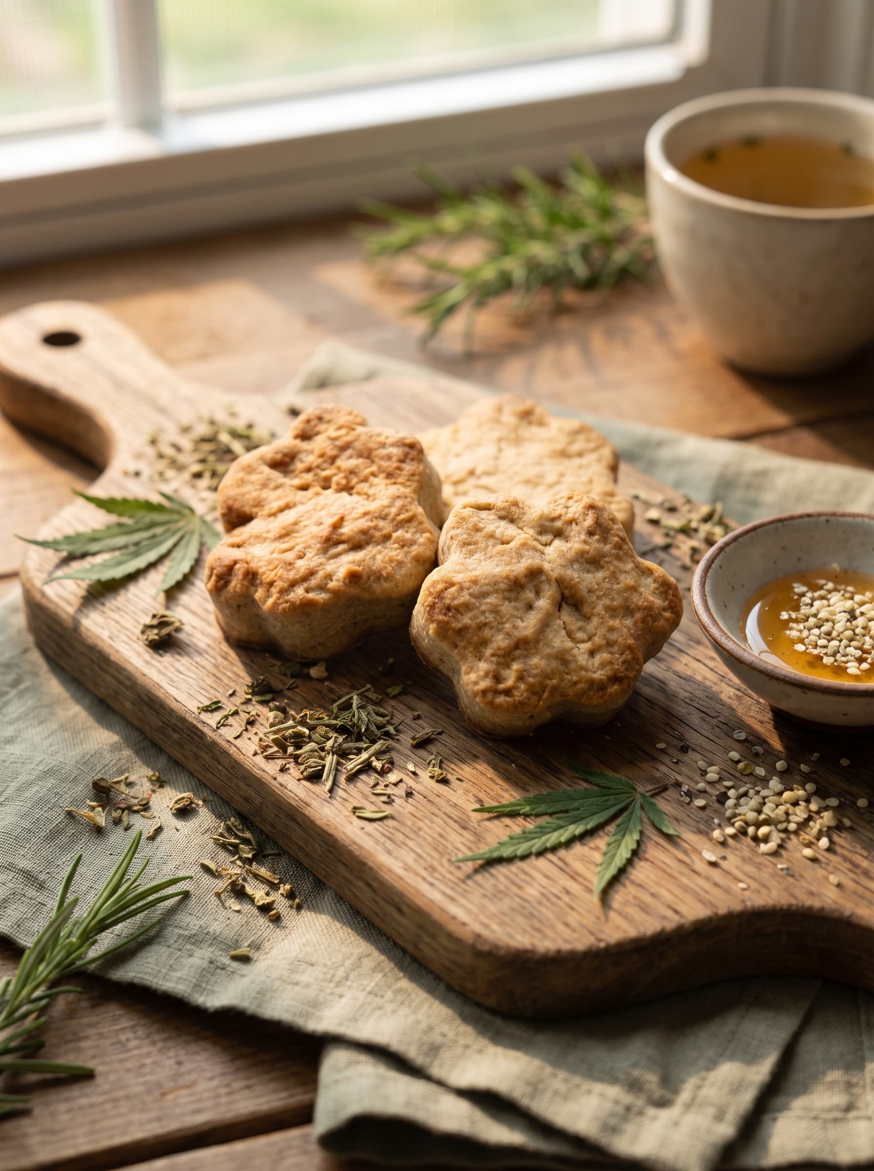 Golden star-shaped weed cookies with cannabis leaves and honey